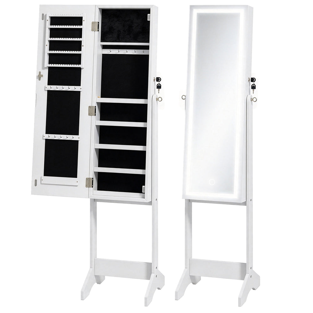 HOMCOM Mirror Jewelry Cabinet with LED Light, Freestanding Lockable Full Length Mirror with Storage, 3 Angles Adjustable, White