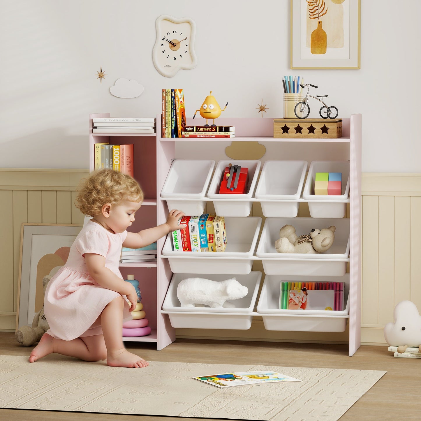 AIYAPLAY Toy Storage Unit with 8 Removable Bins, Storage Shelves, Cabinet, Pink