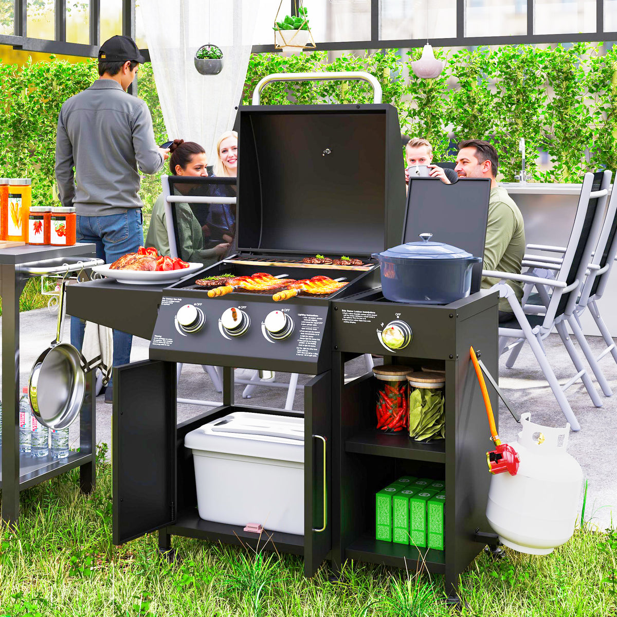 Outsunny 3+1 Burner Gas BBQ Grill with Storage Cabinet and Shelves, 9.5 kW Gas Barbecue Trolley with 6 Castor Wheels, Warming Rack, Thermometer for Outdoor Cooking Garden Party, Black