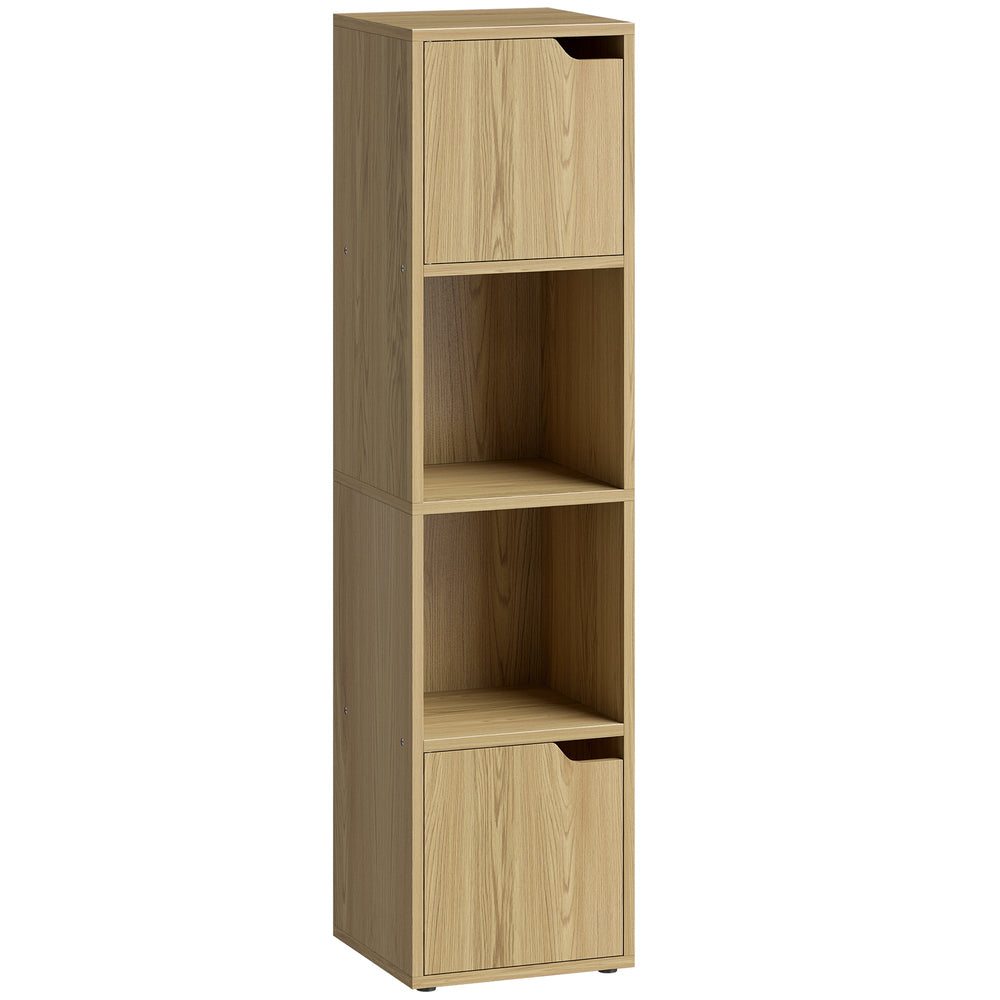 HOMCOM Narrow Bookcase, 4-Tier Bookshelf, Storage Cabinet with doors for Living Room, Bedroom, Oak