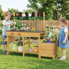 Pretend Mud Kitchen Play Kitchen with Removable Sink and Planter Boxes-Brown