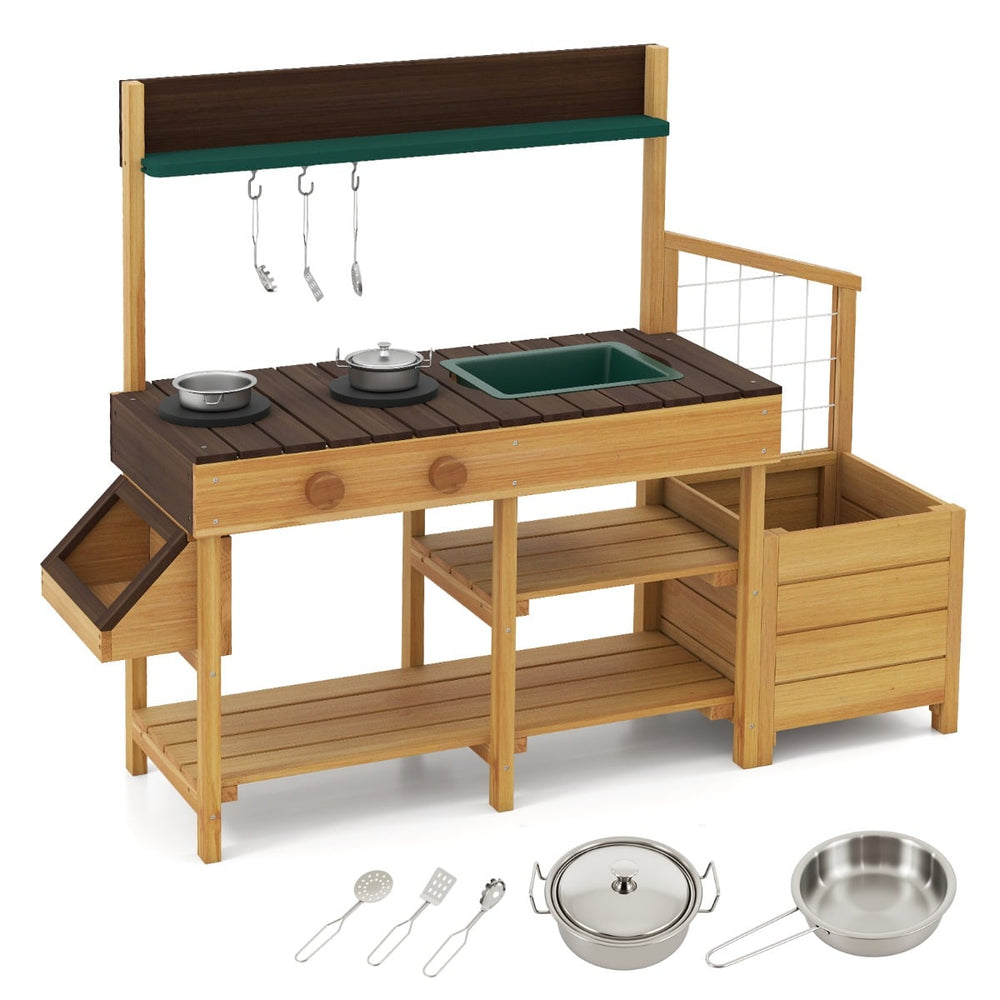 Pretend Mud Kitchen Play Kitchen with Removable Sink and Planter Boxes-Brown
