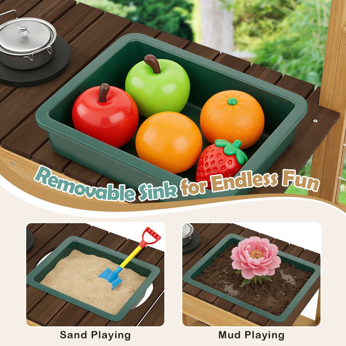 Pretend Mud Kitchen Play Kitchen with Removable Sink and Planter Boxes-Brown
