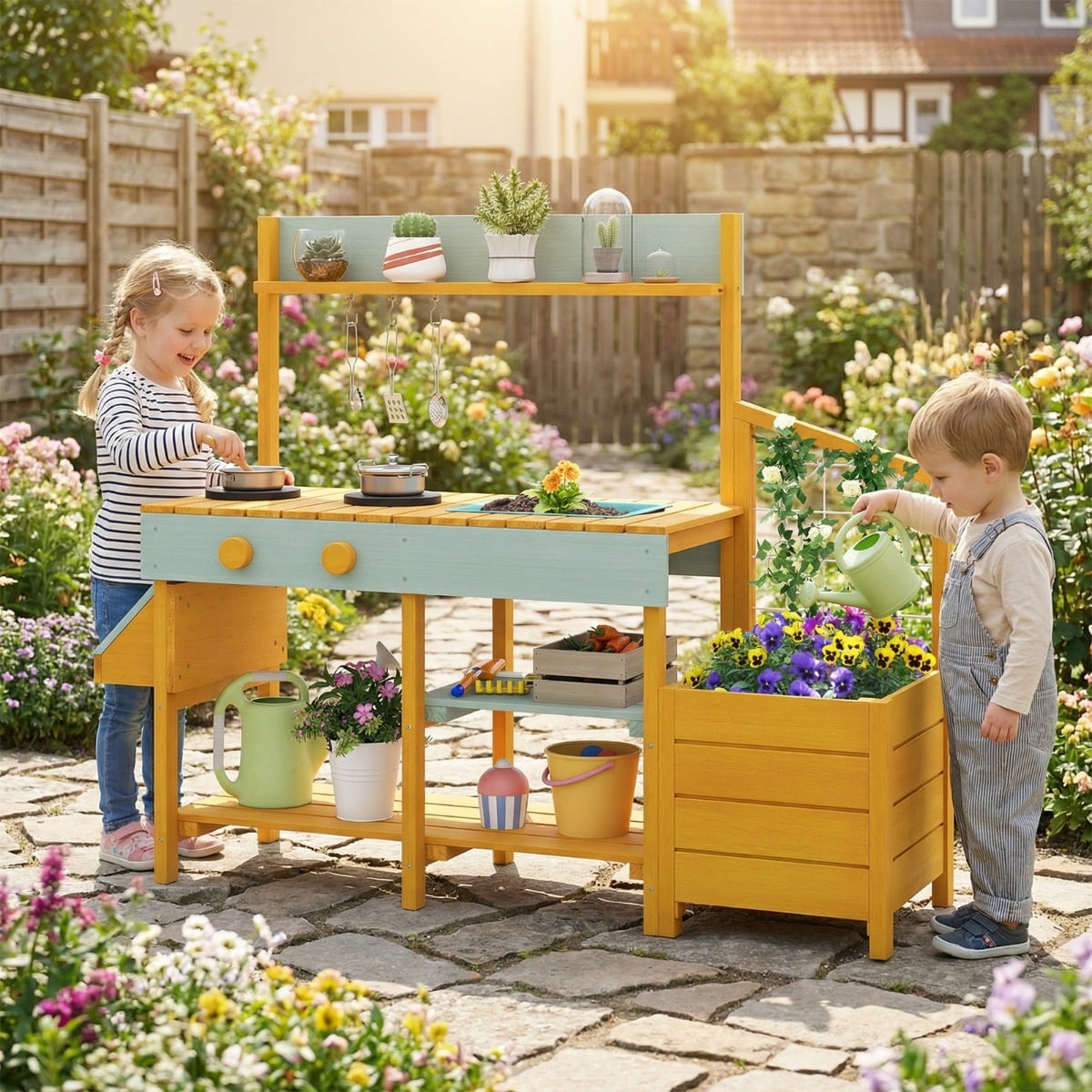 Pretend Mud Kitchen Play Kitchen with Removable Sink and Planter Boxes-Yellow