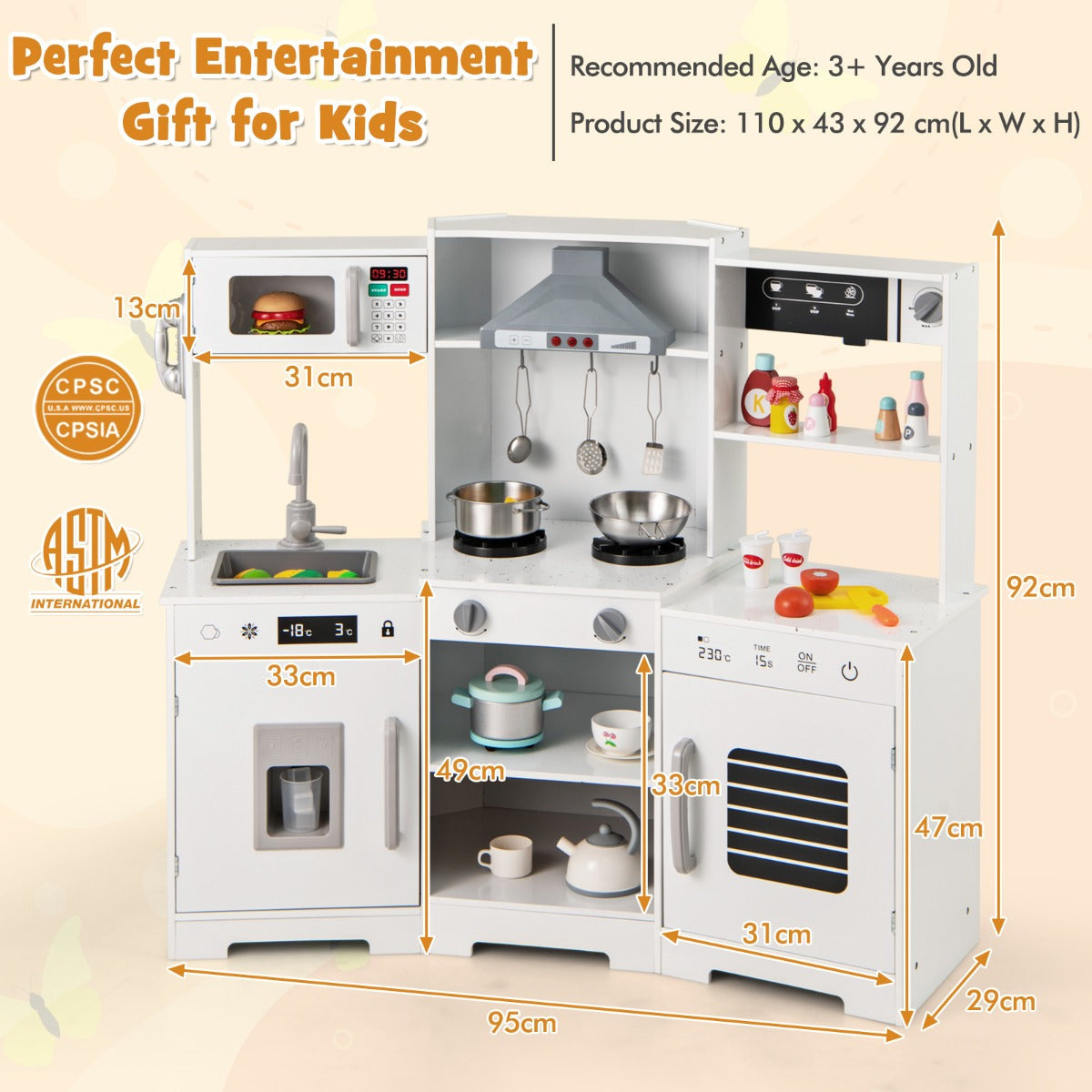 Wooden Pretend Play Kitchen with Real Sounds and Lights-White