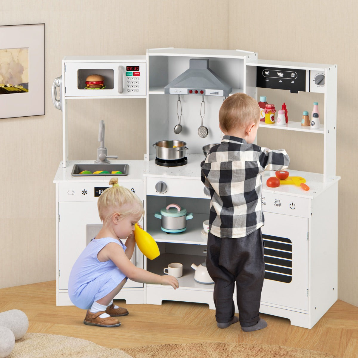 Wooden Pretend Play Kitchen with Real Sounds and Lights-White