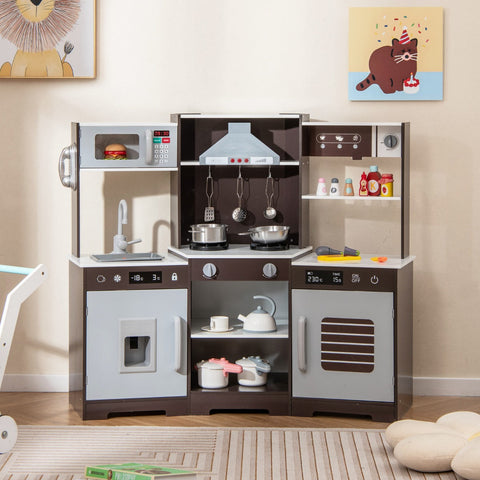 Wooden Pretend Play Kitchen with Real Sounds and Lights-Brown