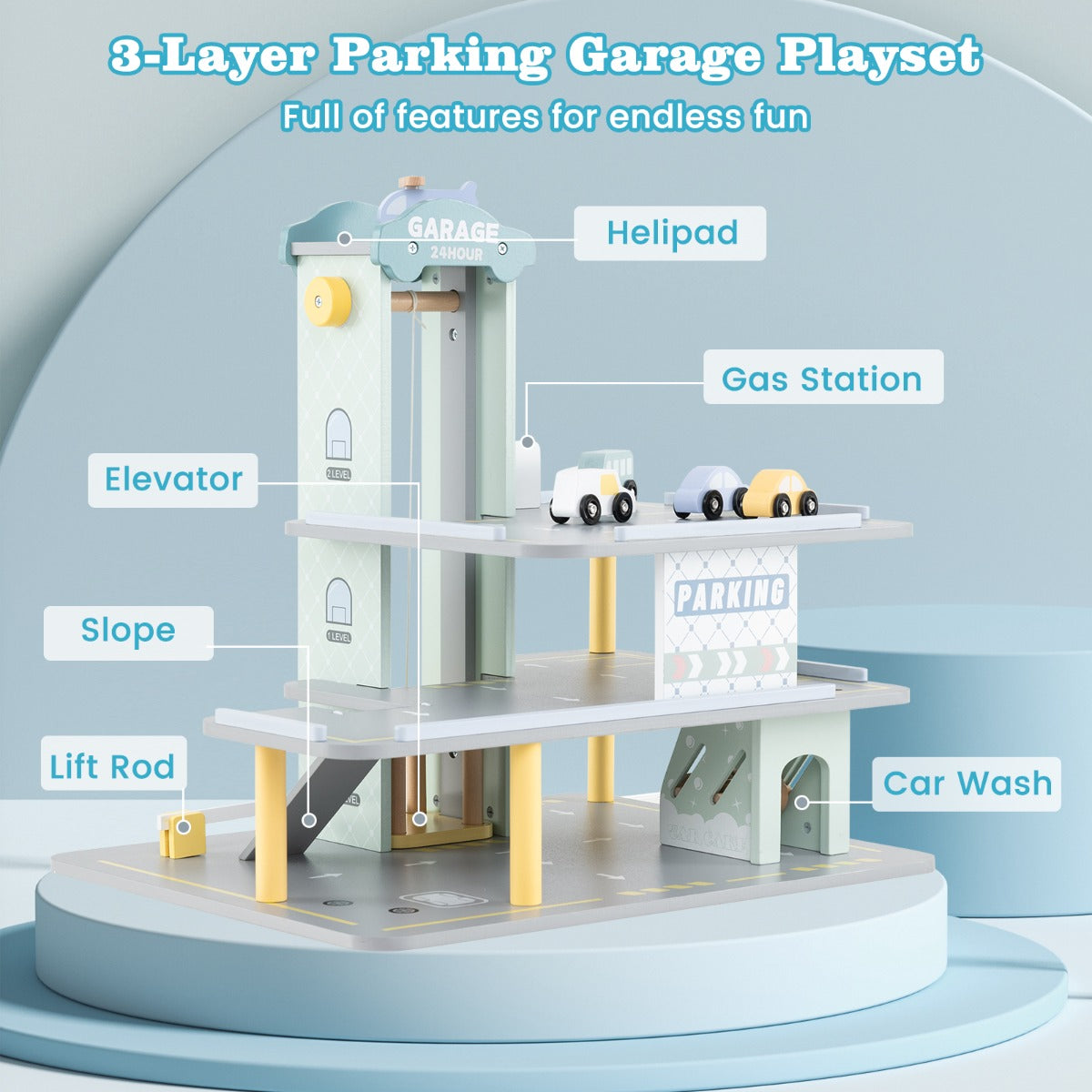 3-Layer Wooden Toy Garage with 4 Cars and Helicopter-Grey