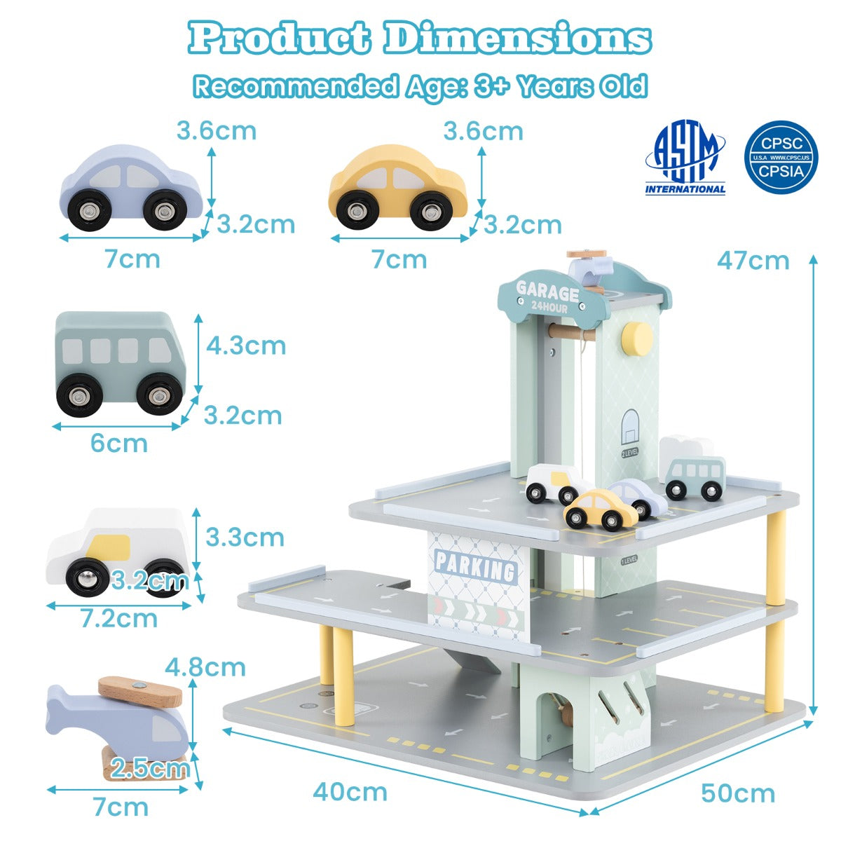 3-Layer Wooden Toy Garage with 4 Cars and Helicopter-Grey