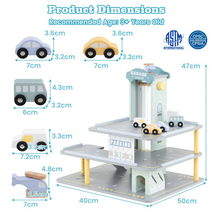 3-Layer Wooden Toy Garage with 4 Cars and Helicopter-Grey