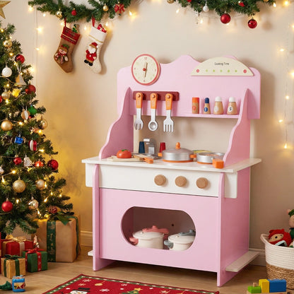 Pretend Play Toy Kitchen Set with Clock Stove Spice Rack-Pink