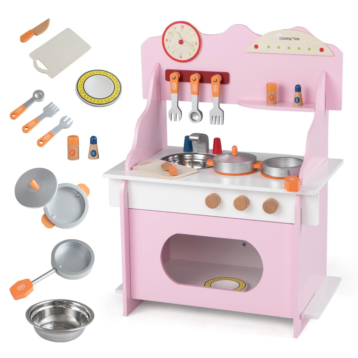 Pretend Play Toy Kitchen Set with Clock Stove Spice Rack-Pink
