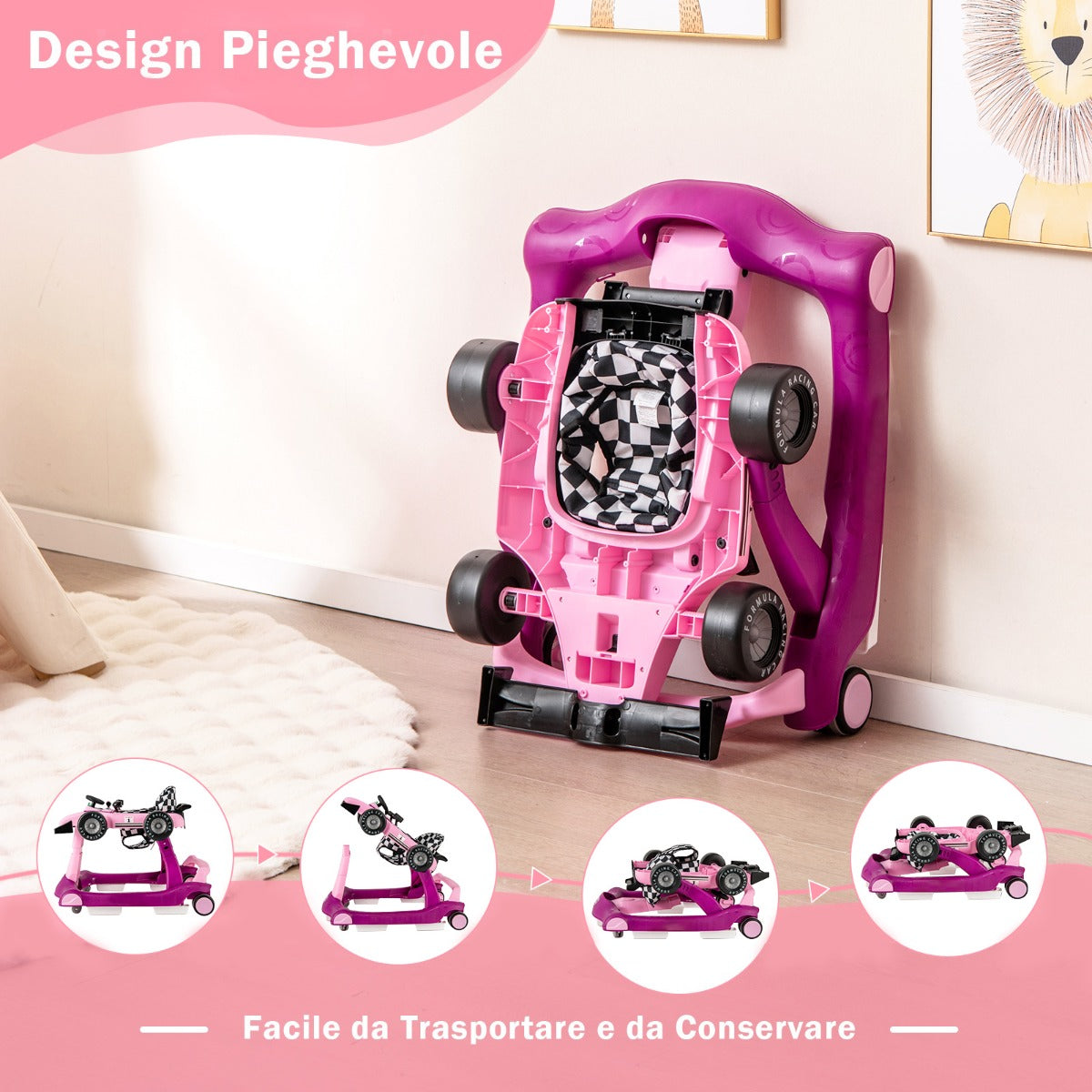 4 in 1 Baby Walker Foldable with Adjustable Height 15kg Load Capacity Purple