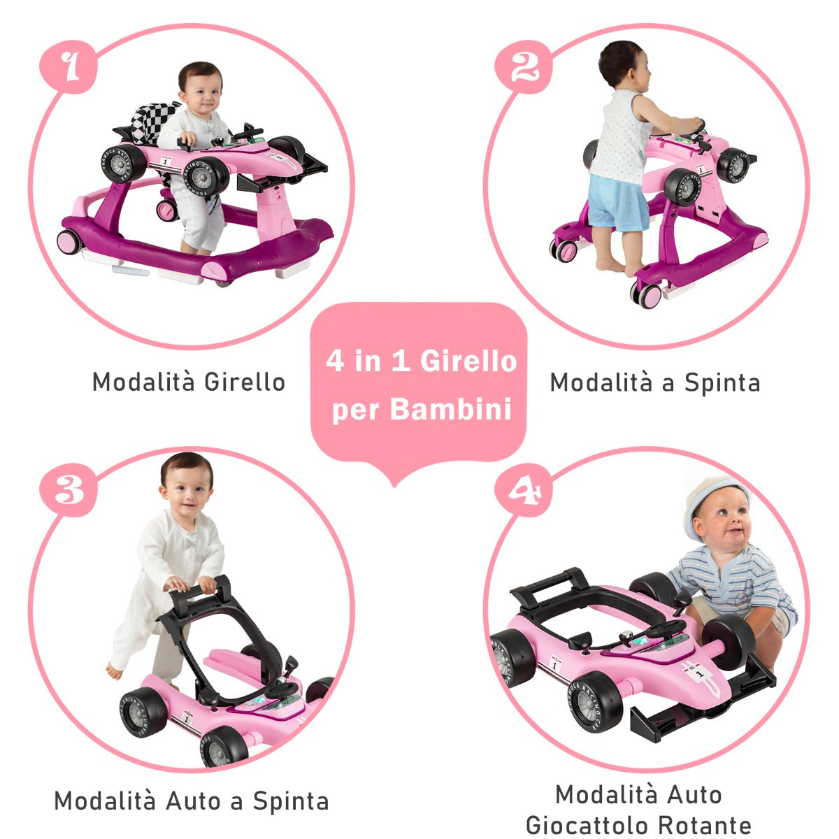 4 in 1 Baby Walker Foldable with Adjustable Height 15kg Load Capacity Purple