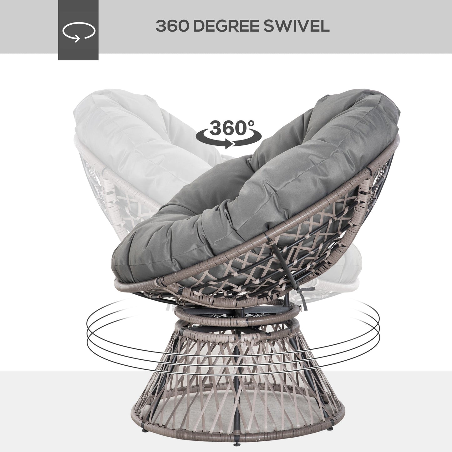 Outsunny 360 Swivel Rattan Papasan Moon Bowl Chair Round Lounge Garden Wicker Basket Seat with Padded Cushion Oversized for Outdoor Indoor, Grey