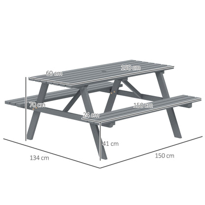 Outsunny 6 Seater Wooden Picnic Table Bench for Outdoor Garden or Patio with Parasol Cutout 150 cm Grey