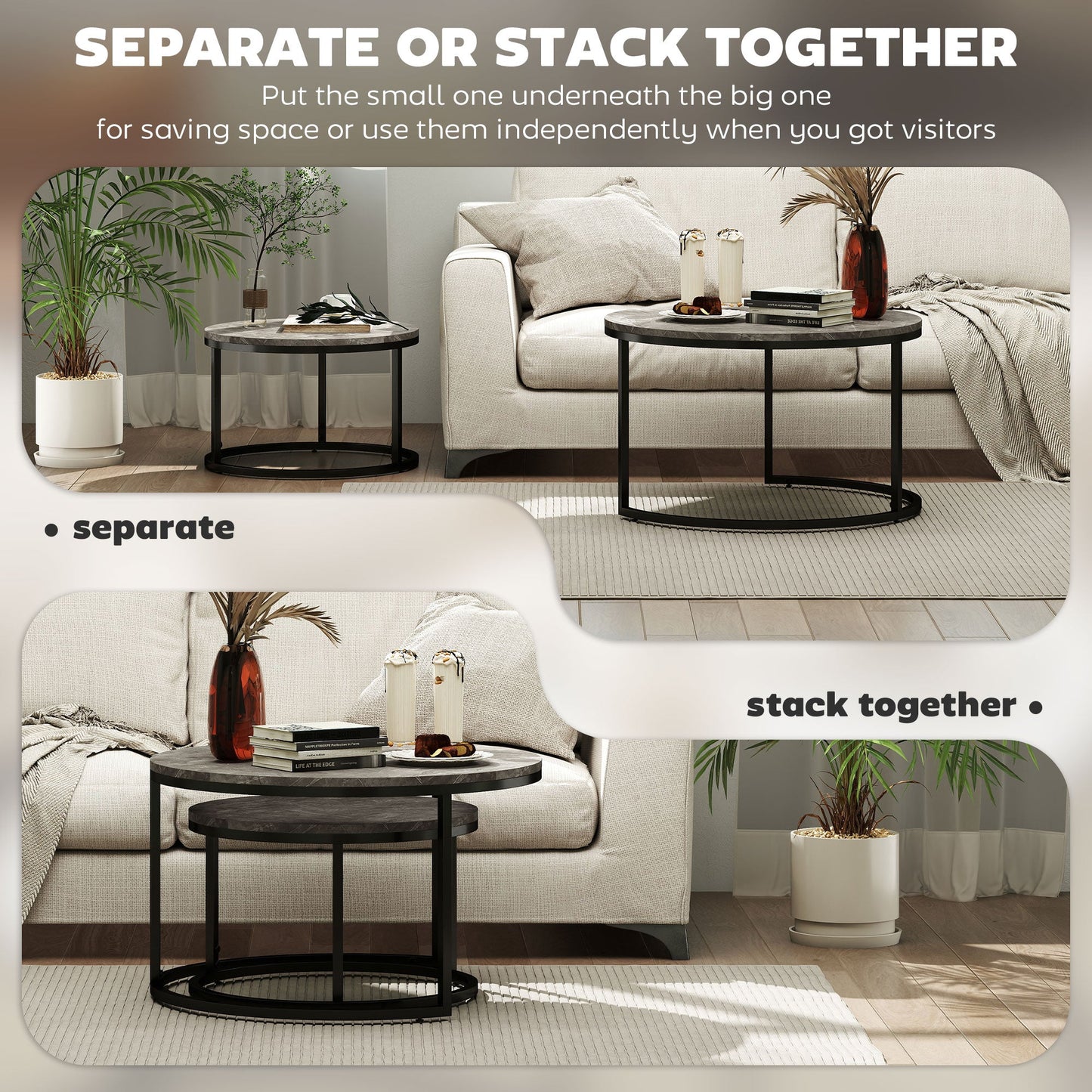 HOMCOM Industrial Nesting Coffee Table Set of 2, Round Coffee Tables, Living Room Table with Faux Marbled Top and Steel Frame