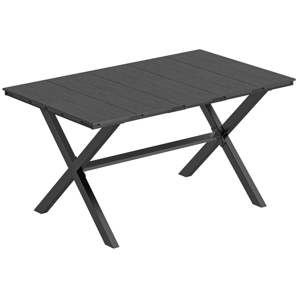 Outsunny Garden Dining Table for 6, Rectangular Outdoor Table with Wood Effect HDPE Top, X-Shaped Metal Legs, Black