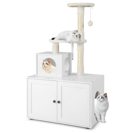 Cat Tree with Litter Box Enclosure with Cat Condo-White