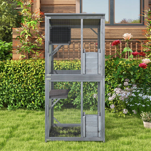 182 cm Tall Outdoor Catio Kitten Enclosure with Weatherproof Asphalt Roof-Grey