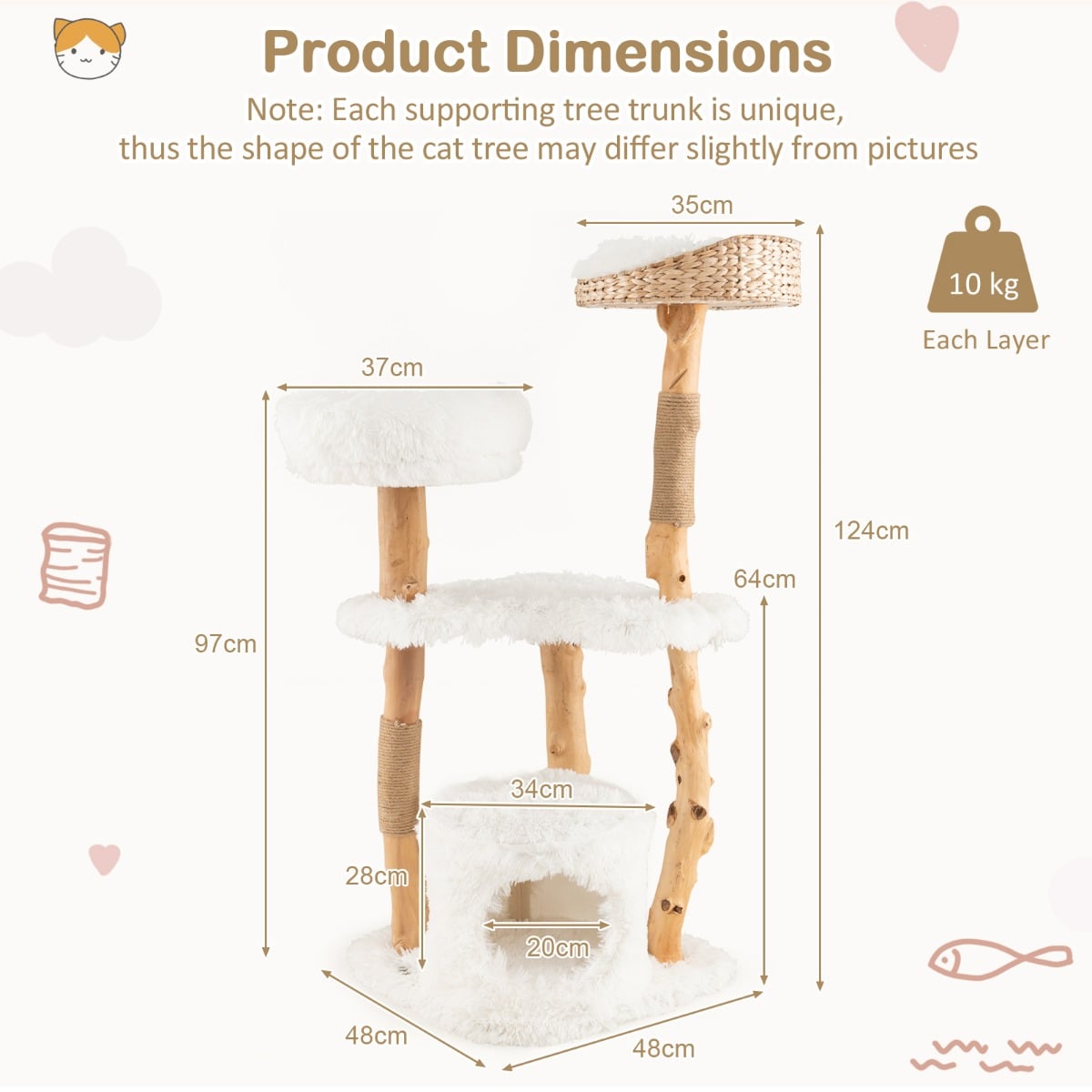 124 CM Tall Wooden Cat Tree with Jute Scratching Posts-White