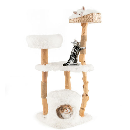 124 CM Tall Wooden Cat Tree with Jute Scratching Posts-White