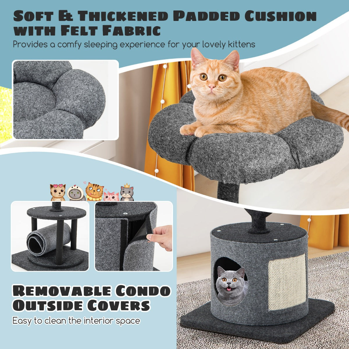 3-Tier Cat Tower for Indoor Cats with Sisal Covered Scratching Board-Grey