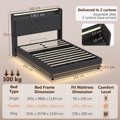 HOMCOM 4ft6 Double Bed Frame with Headboard, Platform Bed Frame with Hydraulic Storage, LED Lights and Charging Station, Black