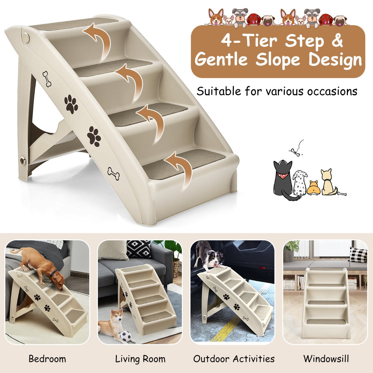 Folding Plastic Pet Stairs with Non-slip Pad for Cat & Dog
