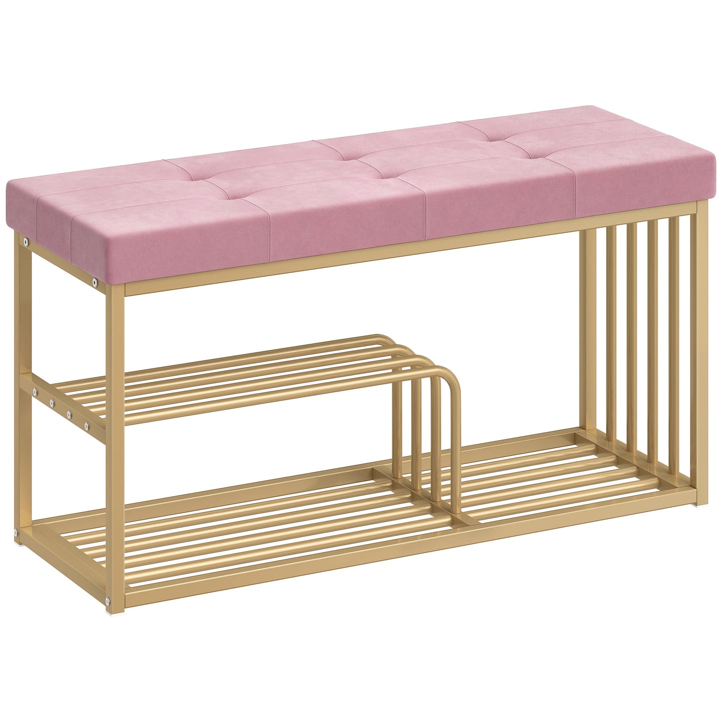 HOMCOM Bench and Shoe Storage, Tufted Shoe Storage Bench with Velvet Seat Cushion Gold Steel Frame for Entryway, Pink