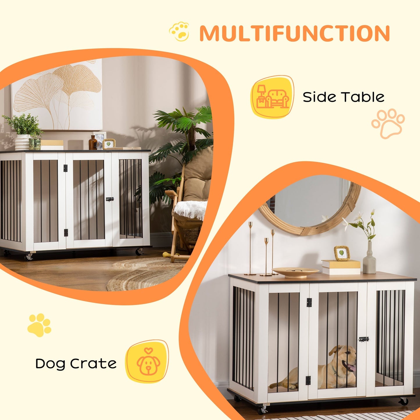 PawHut Dog Crate Furniture, Dog Cage End Table, with Wheels, for Large Dogs, 106 x 60 x 82 cm - White