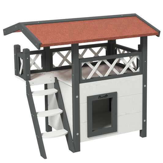 PawHut Cat House Outdoor w/ Balcony Stairs Roof, 77 x 50 x 73 cm, White