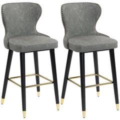 HOMCOM Bar Stools Set of 2, PU Leather Barstools with Back, Footrest and Wood Legs for Kitchen, Counter, Breakfast Bar, Grey