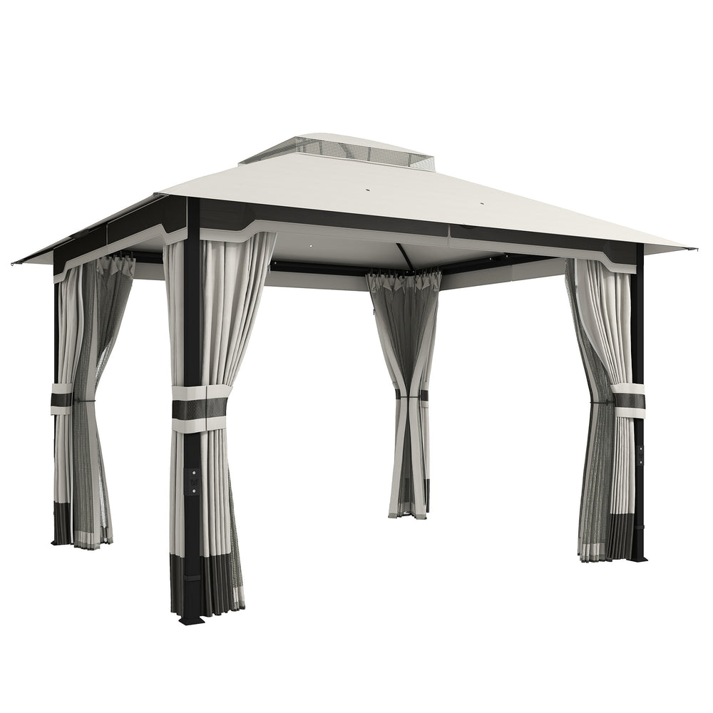 Outsunny 3 x 3.6 m Outdoor Garden Gazebo with Netting and Curtains, Double Roof Patio Gazebo Permanent Pavilion, Light Grey