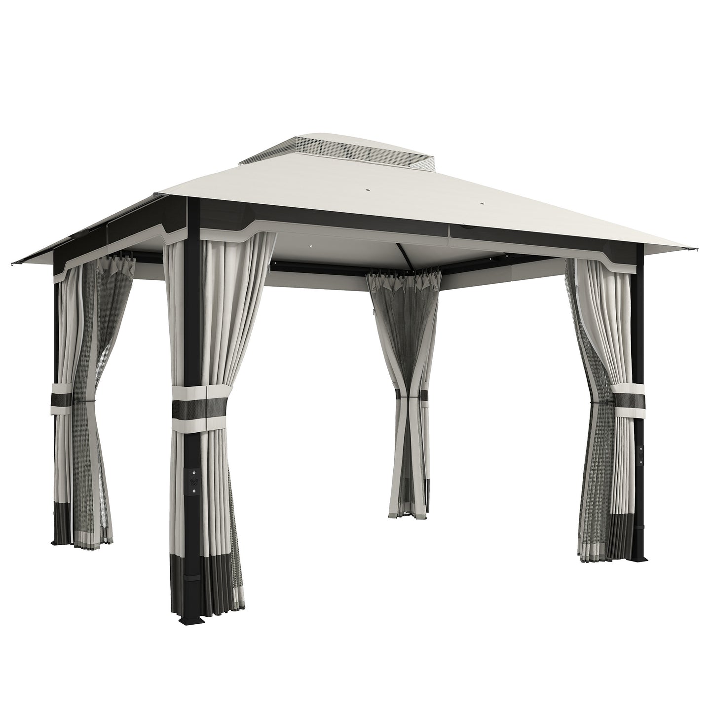 Outsunny 3 x 3.6 m Outdoor Garden Gazebo with Netting and Curtains, Double Roof Patio Gazebo Permanent Pavilion, Light Grey