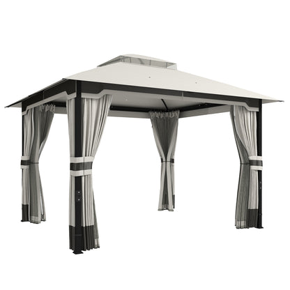 Outsunny 3 x 3.6 m Outdoor Garden Gazebo with Netting and Curtains, Double Roof Patio Gazebo Permanent Pavilion, Light Grey