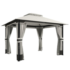 Outsunny 3 x 3.6 m Outdoor Garden Gazebo with Netting and Curtains, Double Roof Patio Gazebo Permanent Pavilion, Light Grey