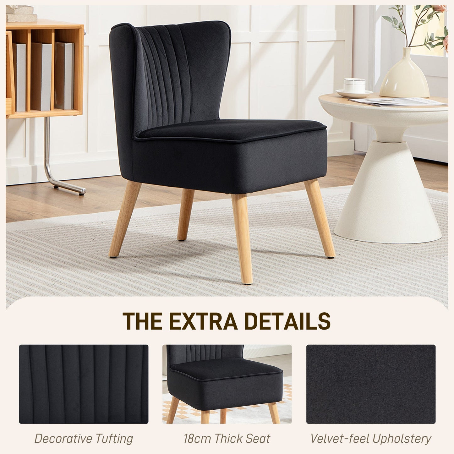 HOMCOM Modern Accent Chair, Fabric Living Room Chair with Rubber Wood Legs and Thick Padding, Black