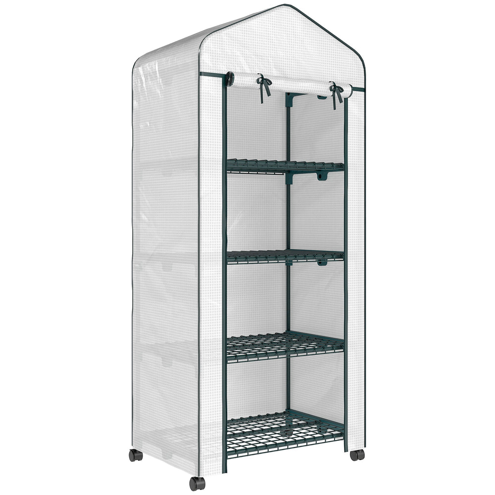 Outsunny 4 Tier Mini Portable Greenhouse Compact Plant Grow Shed Metal Frame PE Cover with Lockable Rolling Wheels , White