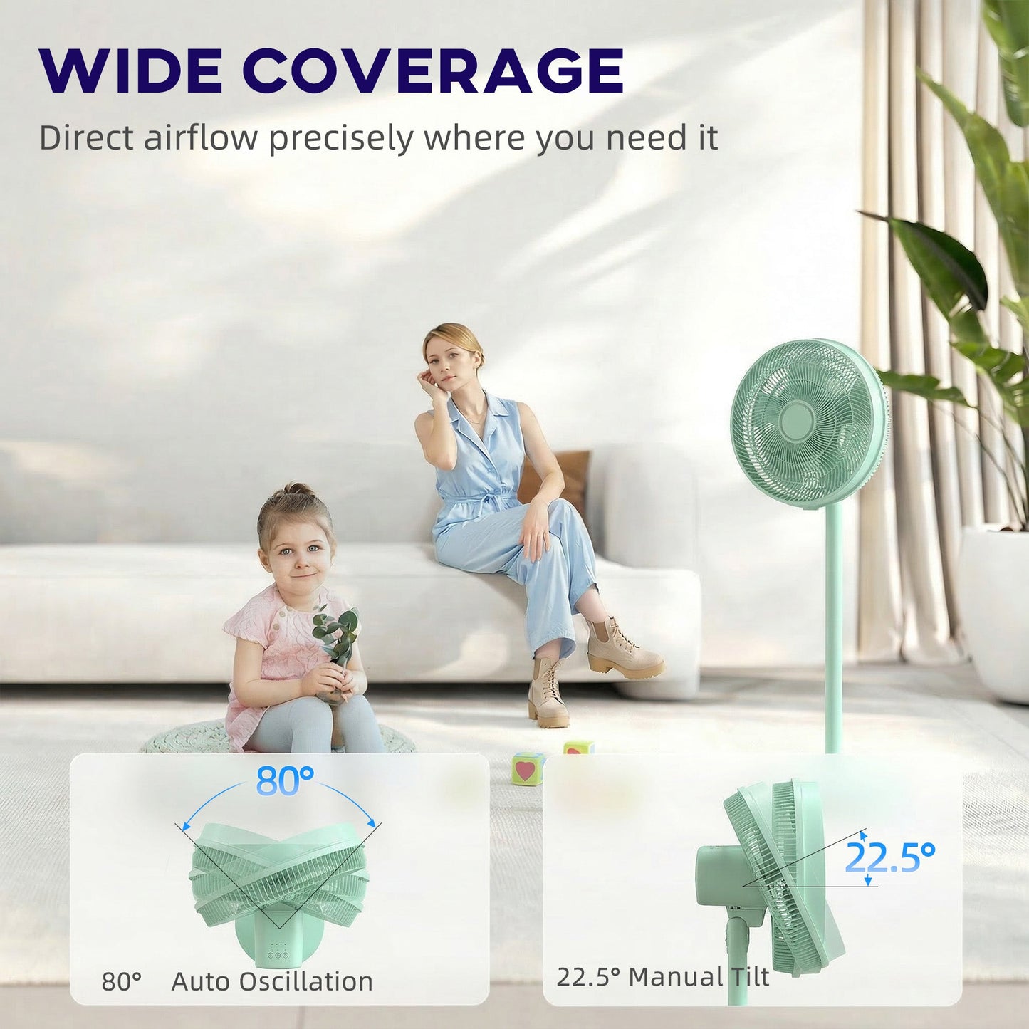 HOMCOM 40 cm Standing Fan, Cooling Floor Fan with 80 degrees Oscillating, Adjustable Tilt and Height, 4 Speed, Remote Control, Green