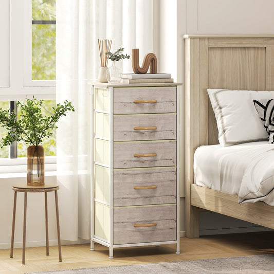 HOMCOM Chest of Five Fabric Drawers - Natural Wood Finish