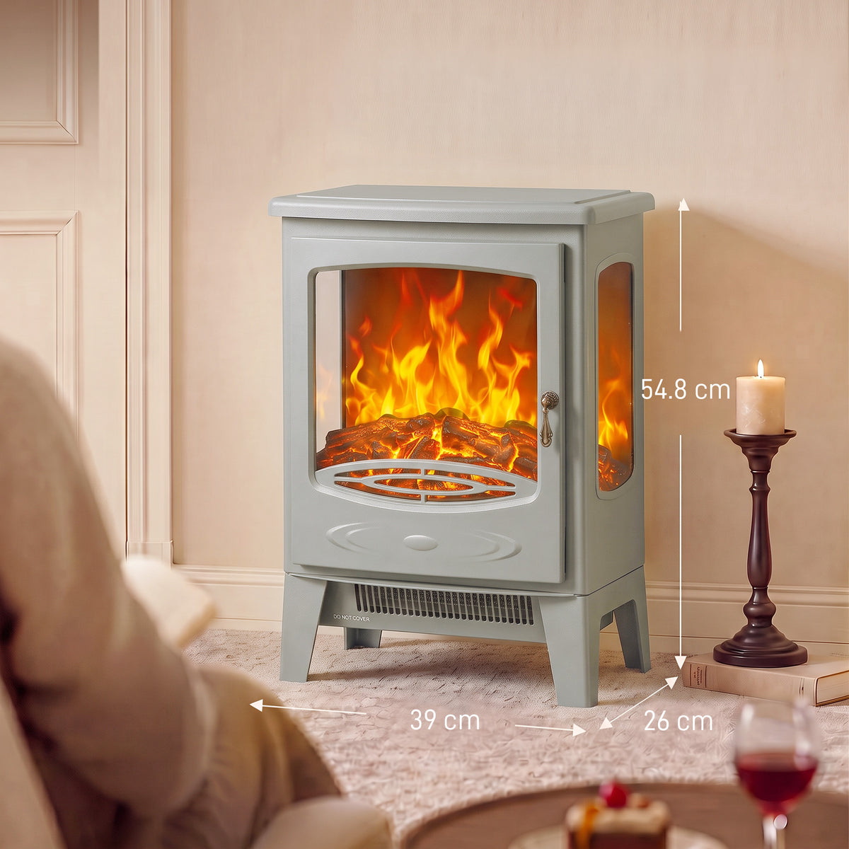 HOMCOM 900W/1800W Freestanding Electric Fireplace, Room Heater with Adjustable Artificial Flame, 3-Sided Tempered Glass, Grey