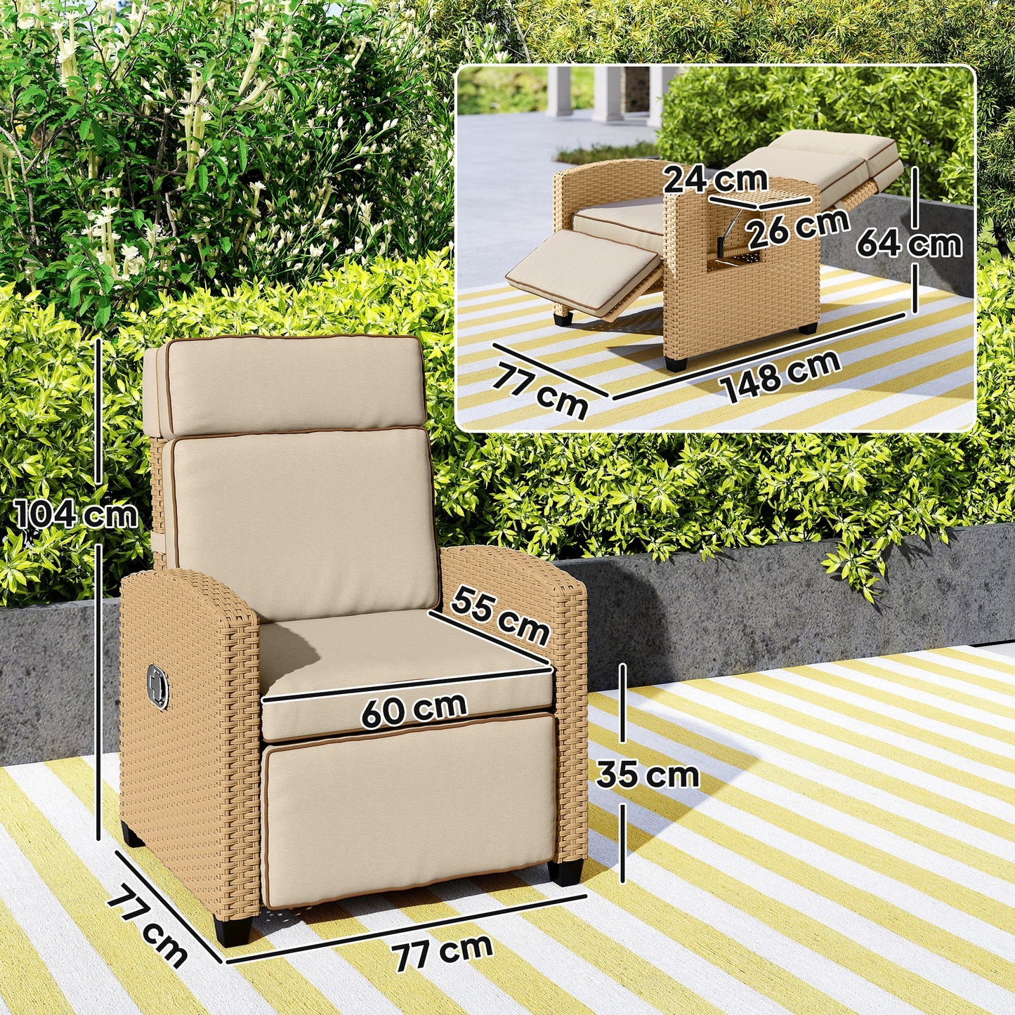 Outsunny 145 Reclining Rattan Armchair, with Footrest - Khaki/Beige