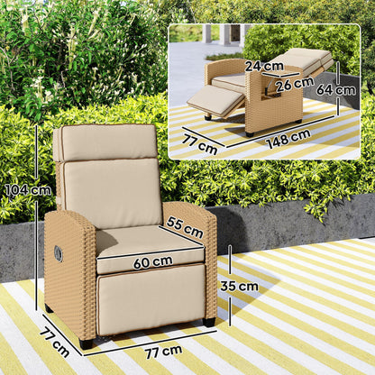 Outsunny 145 Reclining Rattan Armchair, with Footrest - Khaki/Beige