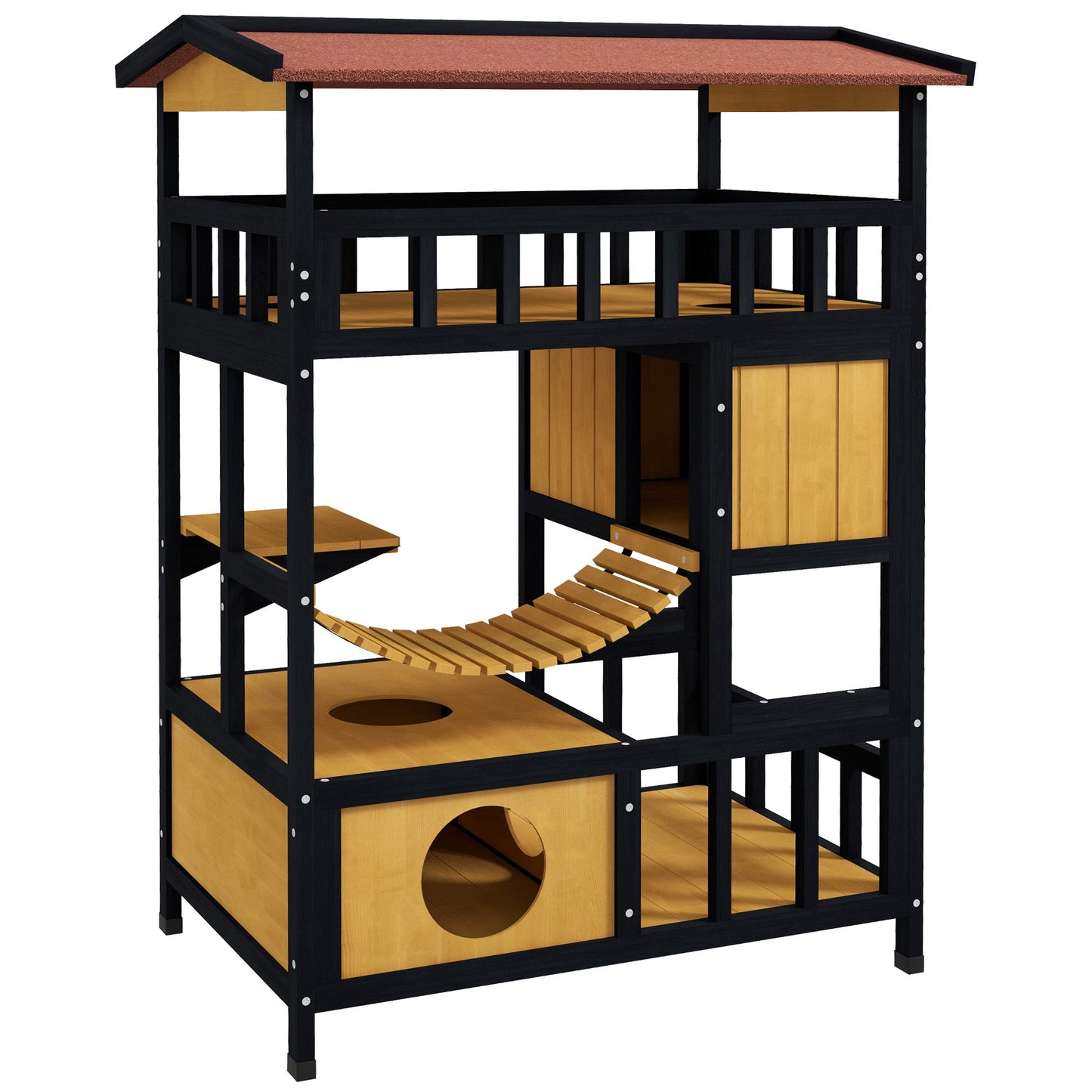 PawHut Outdoor Cat Shelter, Four-Tier Wooden Feral Cat House, with Suspension Bridge, Cat Houses, Balcony, Escape Doors