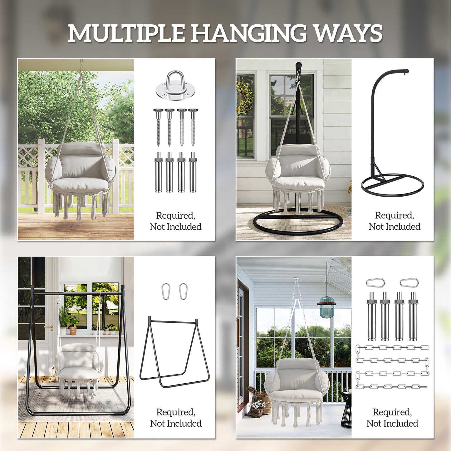 Outsunny Hanging Chair Outdoor Hammock Chair with Soft Cushion, Cotton Rope Boho Style Swing Chair, Hanging Garden Swing Seat for Indoor Outdoor, Cream White