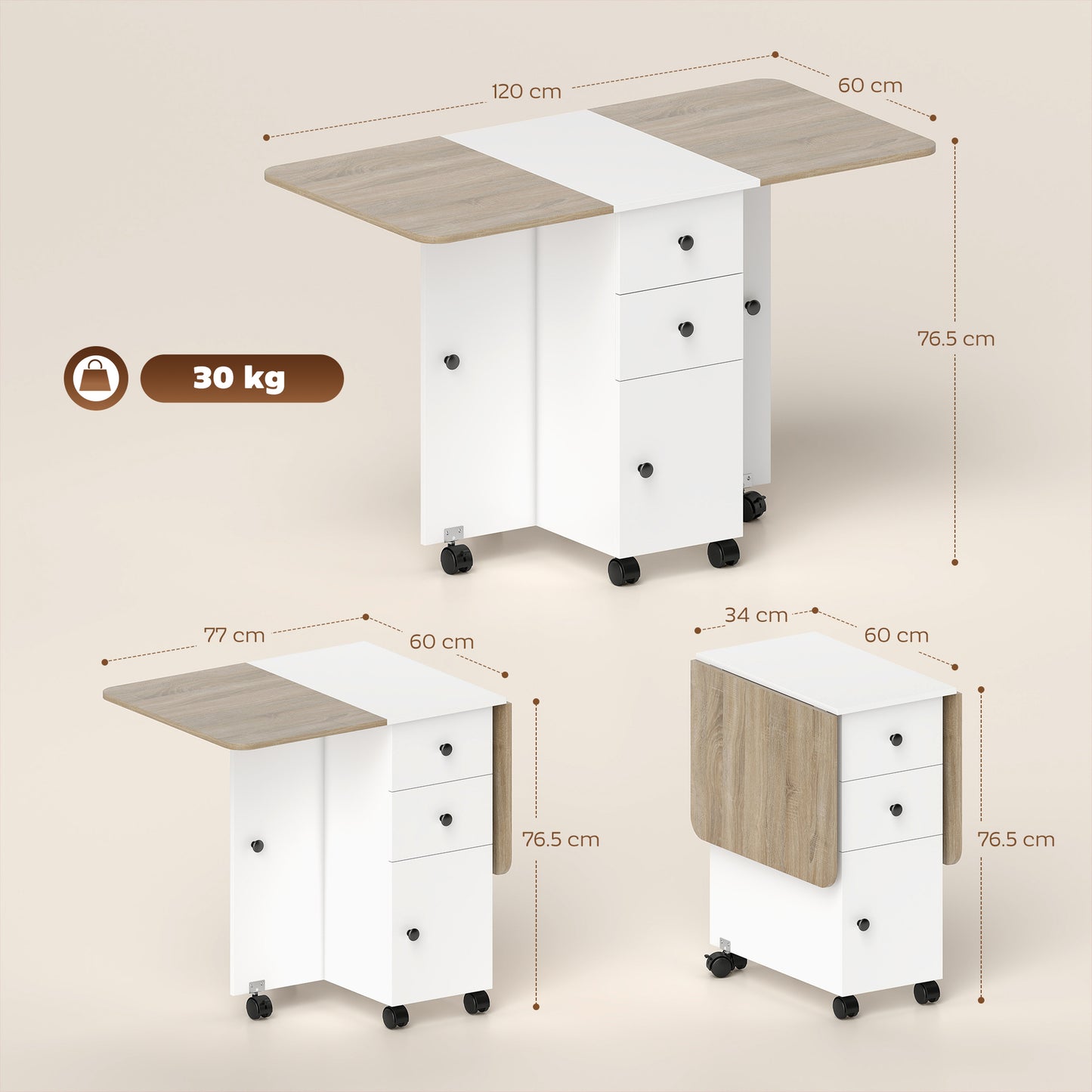 HOMCOM Multi-Storage Six-Person Drop Leaf Dining Table -  Oak and White