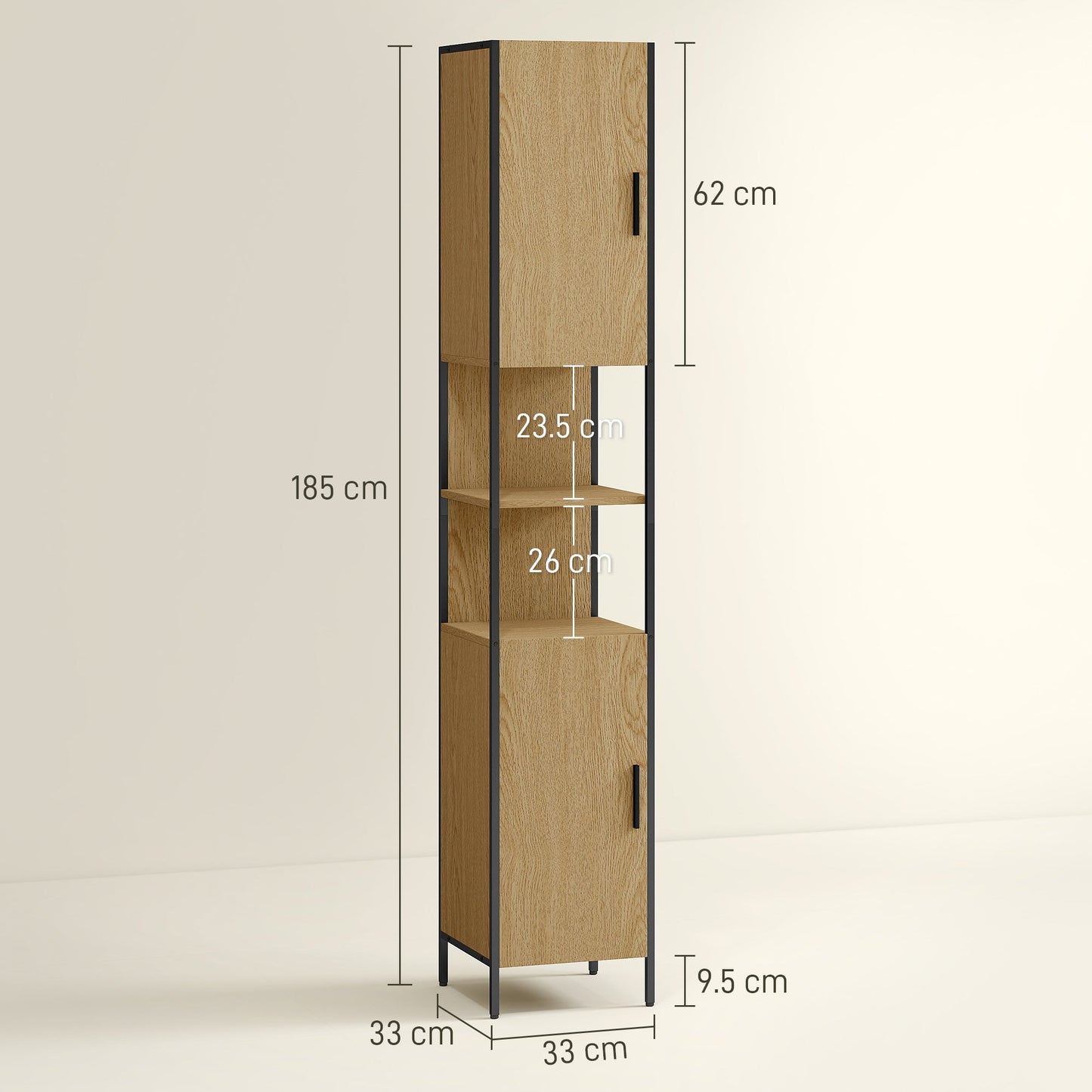 HOMCOM Tall Bathroom Cabinet with 2 Doors, Open Compartments and Adjustable Shelves - Natural Wood Finish