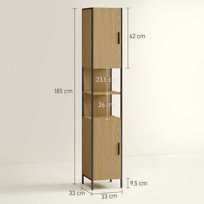 HOMCOM Tall Bathroom Cabinet with 2 Doors, Open Compartments and Adjustable Shelves - Natural Wood Finish