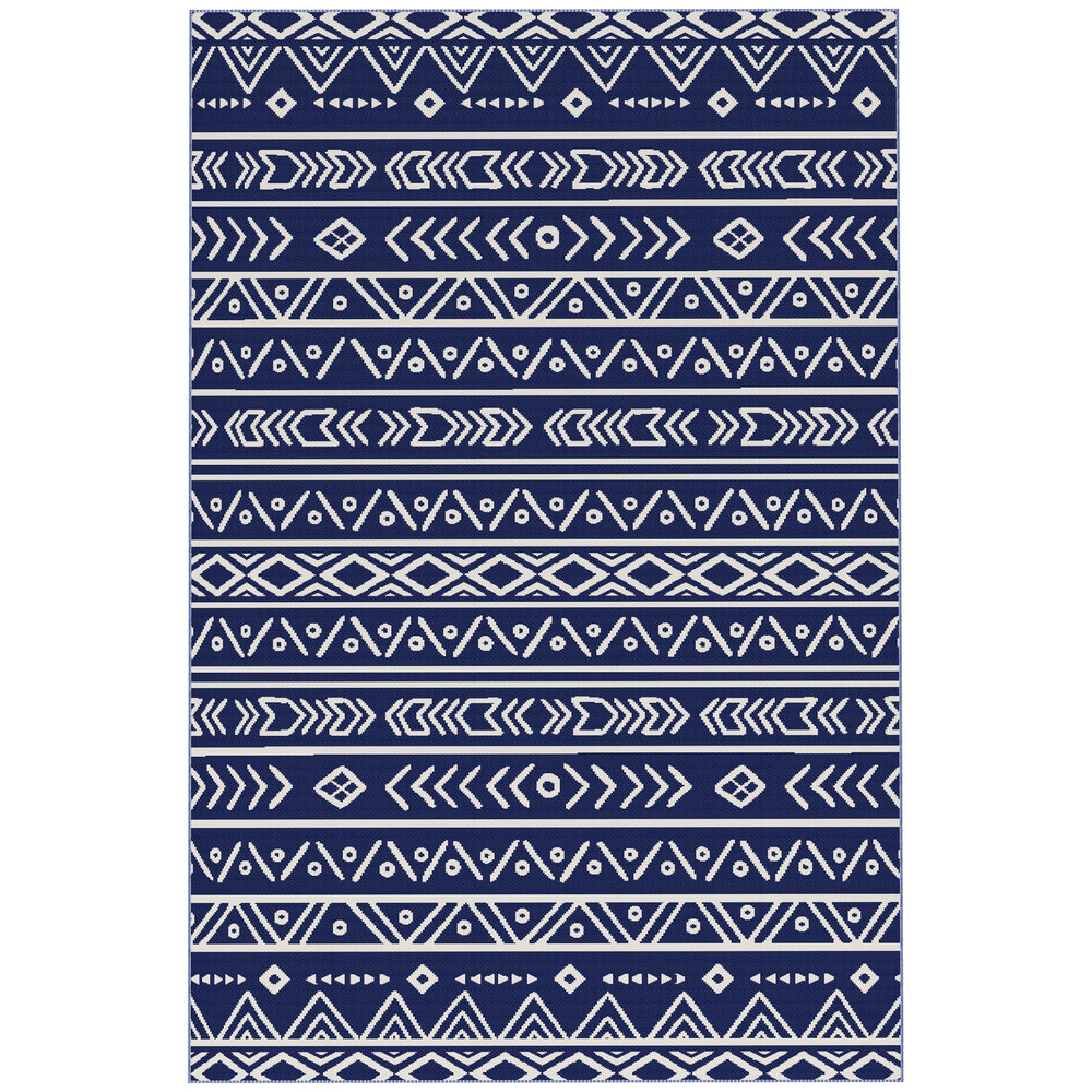 Outsunny Reversible Outdoor Rug with Carry Bag, Waterproof Plastic Straw Mat for Garden, Deck, RV, Picnic, Beach, Camping, 182 x 274cm, Dark Blue and White